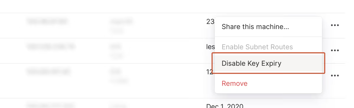 Tailscale admin 콘솔의 Disable Key Expiry